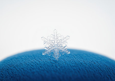 Pristine, perfectly formed crystalline snowflake captured in ultra sharp macro detail, resting on a textured blue surface against a bright white background. symbolizes winter, cold, and unique natural beauty.の素材
