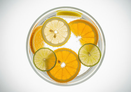 Ultra sharp top view of orange, lemon, and lime citrus slices submerged in clear, bubbly liquid, symbolizing healthy hydration and flavor.の素材