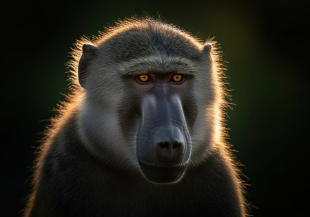 Baboon close up portrait featuring dramatic golden backlighting rim light against a dark, low key background. intense expression and sharp detail highlight the primate powerful presence in the wild.の素材