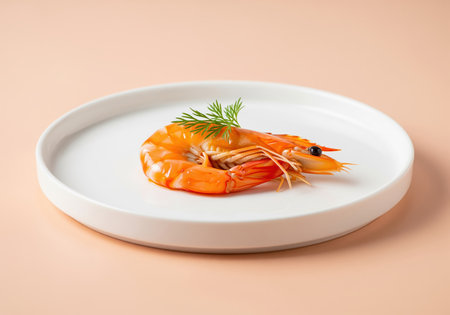 Cooked orange shrimp or prawn, perfectly prepared and garnished with fresh dill, presented on a clean, minimalist white ceramic plate against a soft peach studio background. represents gourmet seafood, healthy eating, and fine dining.の素材