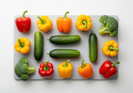 Vibrant fresh vegetables arranged neatly on a gray cutting board, including red, yellow, and orange bell pepper, green cucumber, and broccoli. healthy eating concept.の素材