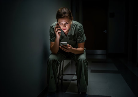 Stressed female healthcare worker in scrubs sitting in a dark hospital hallway, intensely focused while simultaneously talking on one phone and checking data on another. represents critical communication and medical burnout.の素材