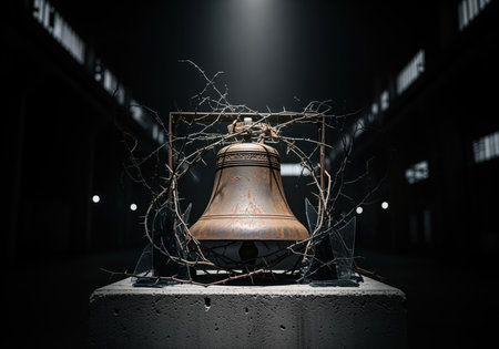 Distressed, rusty iron bell resting on a concrete pedestal, dramatically lit in a dark industrial space. it is framed by sharp, thorny branches and broken glass, symbolizing silence, decay, and forgotten history.の素材