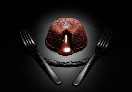 Dark chocolate lava cake with a flowing molten center, presented dramatically on a black slate plate with two black forks. luxurious, high contrast food photography emphasizing decadence and rich flavor.の素材