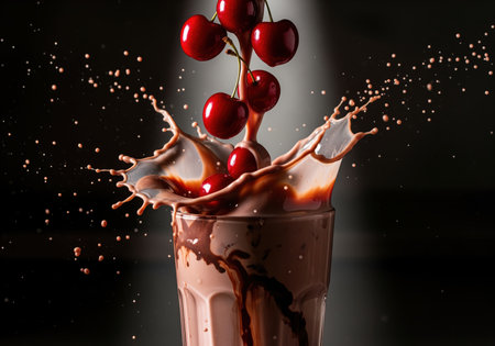 Red cherries falling into a glass filled with rich chocolate milkshake, creating a dynamic splash and droplets against a dramatic dark background. food and drink concept.の素材