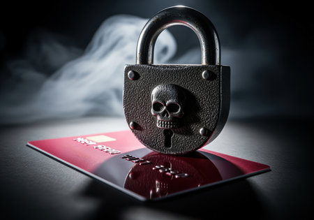 Heavy metallic padlock featuring a skull design placed on a red credit card under dramatic, smoky lighting. concept of financial security, data breach, and cybercrime risk.の素材