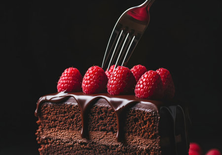 Dark chocolate layer cake slice topped with bright red raspberries and glossy ganache drizzle, dramatically lit against a black background as a fork descends, symbolizing indulgence and dessert.の素材