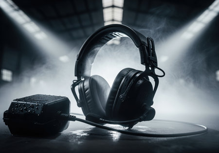 Matte black tactical headphones and a connected rugged communication device resting on a wet surface, dramatically illuminated by spotlights in a dark, misty, industrial setting. focus on technology, audio, and security concepts.の素材