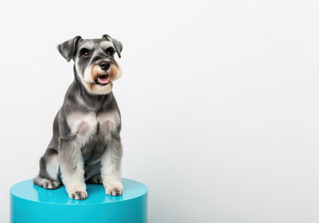 Miniature schnauzer dog, gray and white, sitting obediently on a bright blue cylindrical stand in a high key studio setting. clean, sharp, and professionally groomed pet portrait.の素材