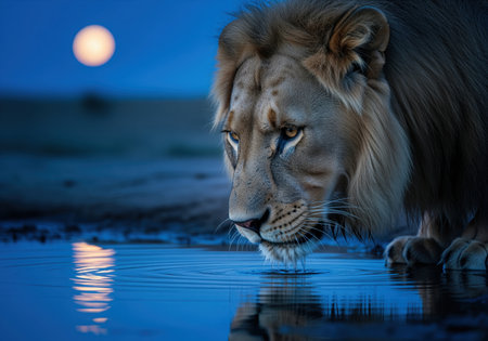 Powerful male lion drinking from a water source under the dark blue night sky. the bright full moon is reflected in the rippling water surface.の素材
