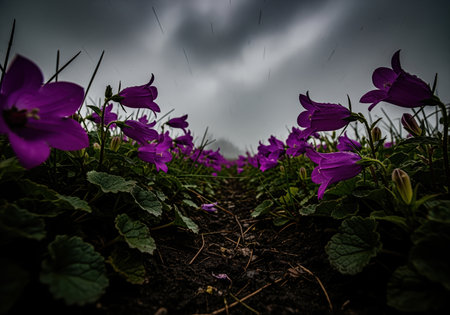 Deep magenta bellflowers captured from a low angle, dramatically silhouetted against a dark, brooding, and overcast sky in a moody nature scene.の素材