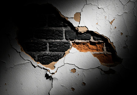 Cracked white plaster peeling from a wall, revealing a section of intensely charred black brick and underlying orange brickwork. focus on destruction, decay, and grunge texture.の素材