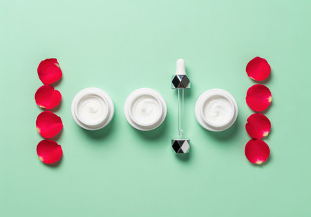 Three open white jars of moisturizing cream and a glass serum dropper arranged symmetrically with vibrant red rose petals on a clean mint green background. skincare, beauty, and natural ingredients concept.の素材