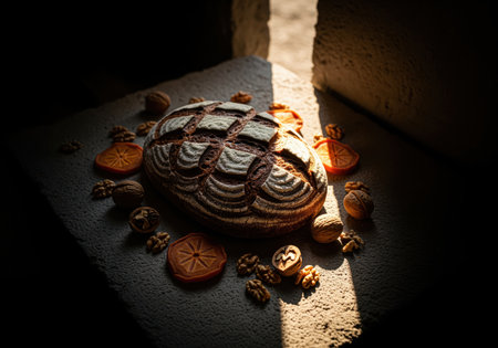 Dark rustic whole wheat bread loaf on a stone surface, surrounded by walnuts and dried fruit. dramatic sunlight highlights the scored crust and texture, conveying traditional baking and harvest concepts.の素材