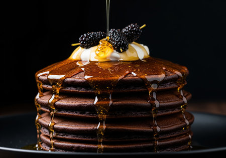 Tall stack of rich, dark chocolate pancakes heavily drenched in dripping golden honey syrup. topped with whipped cream and fresh blackberries on a black background. decadent breakfast or dessert concept.の素材