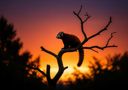 Red panda perched on a dead tree branch, dramatically silhouetted against a vibrant, high contrast sunset sky featuring fiery orange and purple hues. wildlife, nature, and conservation concept.の素材