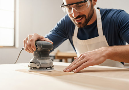 Craftsman wearing safety goggles and an apron uses an electric orbital sander to smooth a wooden surface. focus on woodworking, carpentry, DIY, and professional finishing work.の素材