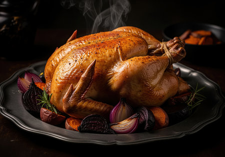Whole roasted chicken with glistening golden brown skin, steaming hot, served on a dark metal platter. accompanied by roasted red onion, sweet potato, and rosemary sprigs. ideal for holiday dinner concepts.の素材