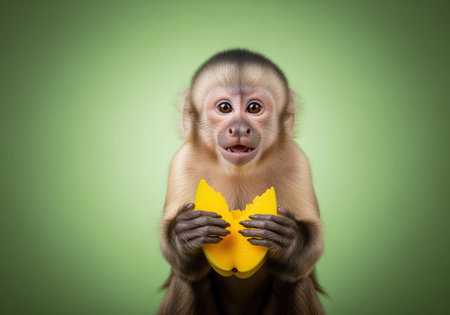 Baby capuchin monkey sitting upright, holding a large slice of bright yellow tropical fruit against a smooth green studio background. wide eyed expression.の素材
