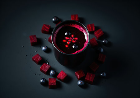 Dark ruby red beet and pomegranate juice served in a black matte tumbler, garnished with blueberries and seeds. diced beetroot cubes and fresh blueberries surround the cup on a dark surface. healthy detox drink concept.の素材