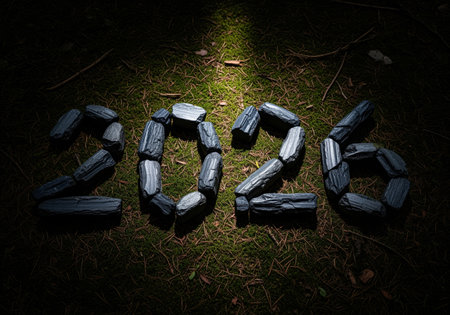 Dark charcoal rocks arranged to form the year 2026, dramatically illuminated by a narrow spotlight on a patch of mossy ground in a dark environment. symbolizes future energy challenges or environmental concerns.の素材