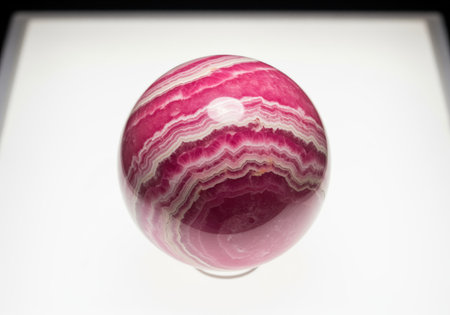 Polished rhodochrosite crystal sphere featuring striking bright pink and white bands. this geological specimen is displayed in a high key studio setting, highlighting its natural pattern and smooth texture.の素材