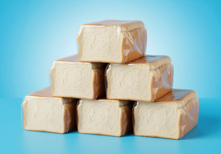Six commercially packaged white sandwich bread loaves stacked in a pyramid formation. fresh, soft texture visible through the clear plastic wrap, isolated on a bright blue studio background.の素材