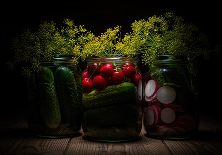 Glass jars containing fresh cucumbers, sliced radishes, and bright red cherries, topped with dill flowers, ready for home pickling on a dark wooden table.の素材