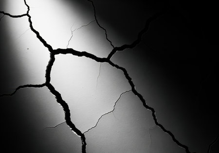 Deep, high contrast black cracks crisscross a textured white wall surface, dramatically lit and fading into darkness. abstract background symbolizing damage and crisis.の素材