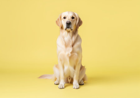 Golden retriever dog sitting obediently, facing forward in a commercial studio setup. the well groomed pet is isolated against a bright, solid yellow background.の素材