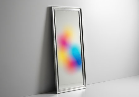 Full length mirror featuring a silver frame and an abstract colorful gradient reflection, leaning against a smooth light gray studio wall. minimalist interior decor concept.の素材