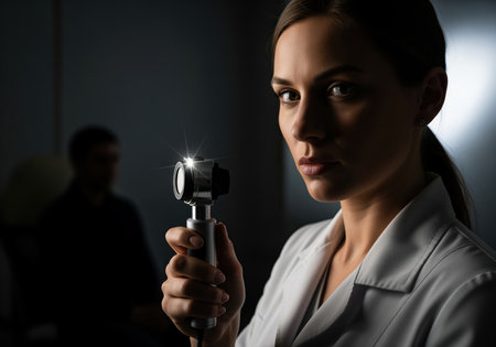 Female physician holding a shining otoscope or ophthalmoscope, ready for a medical examination in a dimly lit room. concept of diagnosis, healthcare, and professionalism.の素材