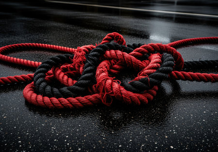 Heavy crimson and black rope tangled and knotted tightly, resting on a wet, dark, reflective surface. symbolizing complexity, difficulty, strength, and connection.の素材