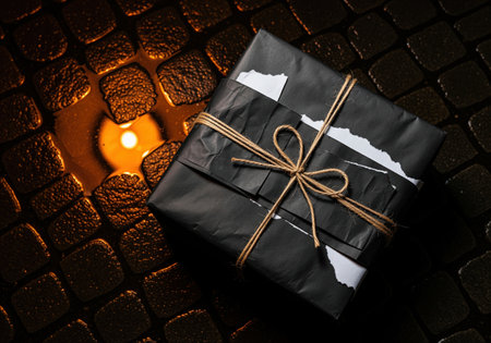 Black gift package wrapped in distressed paper and tied with natural jute twine, placed on a dark, wet, textured surface. dramatic low key lighting highlights the warm reflection of a nearby light source, creating a mysterious and luxurious mood.の素材
