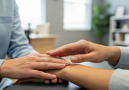Gentle touch of two women hands demonstrating empathy, care, and professional support in a bright office or clinic setting. ideal for mental health and therapy concepts.の素材