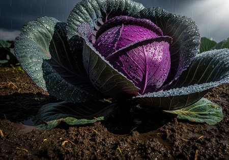 Mature purple cabbage head covered in glistening water droplets, emerging from rich, dark, muddy soil under a dramatic, rainy sky. focus on freshness and agriculture.の素材