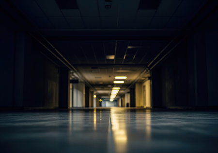 Dark, empty hallway in a modern building or complex, featuring a shiny floor reflecting the distant, low hanging fluorescent lights.の素材