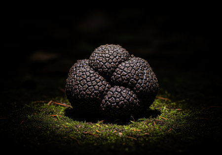 Luxurious black truffle, highly textured, resting on vibrant green moss and soil in a dark, dramatic low key environment. represents gourmet food, rarity, and high cuisine.の素材