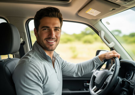 Confident young man driving a modern SUV, smiling directly at the viewer. he is enjoying a sunny road trip or commute, representing freedom and automotive reliability.の素材