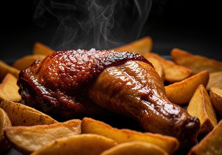 Close up, low angle shot of a hot, steaming, caramelized chicken leg, seasoned with sea salt, resting among golden, crispy potato wedges against a dark background.の素材