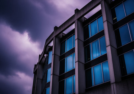 Imposing concrete brutalist office building facade featuring repetitive blue reflective windows, captured from a low angle against a dramatic, dark purple and ominous storm sky. represents power, finance, and urban decay.の素材