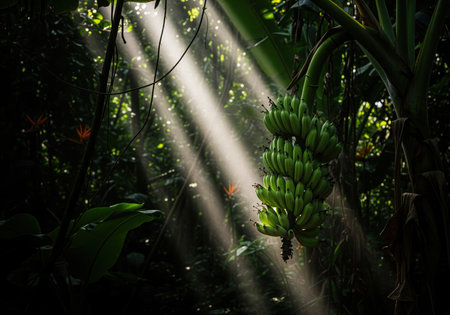 Green bananas hanging from a stalk under a dense, dark tropical canopy. dramatic sun rays penetrate the foliage, creating a high contrast, moody jungle scene, symbolizing growth and nature.の素材