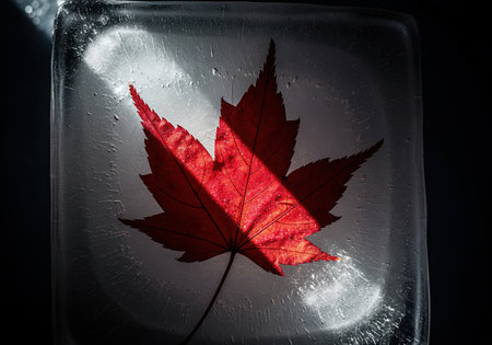 Red maple leaf encased in a transparent ice cube, dramatically lit against a dark background. concept of cold, preservation, winter, and the fragility of nature.の素材