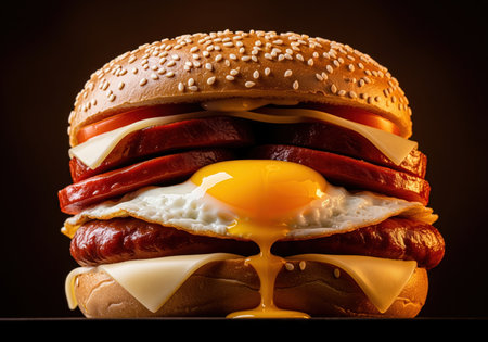 Enormous stacked breakfast sandwich featuring a runny fried egg, thick sausage slices, melted cheese, and fresh tomato on a sesame seed bun. high calorie, indulgent, and savory food concept.の素材