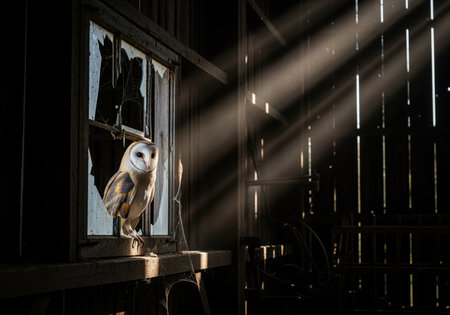 Barn owl perched on a broken window sill within a dark, abandoned barn interior. dramatic sunbeams pierce the darkness, highlighting the dusty atmosphere and the bird.の素材