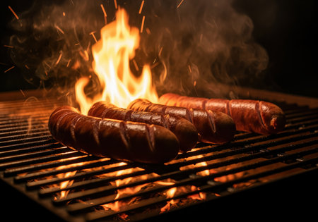 Juicy sausages sizzling on a hot metal grill grate, illuminated by intense, blazing flames and smoke against a dark background. perfect for barbecue and cooking concepts.の素材