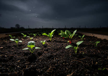 Young green seedlings emerging from dark, rich, moist soil in a garden bed. dramatic low key lighting highlights growth and resilience against a stormy night sky.の素材