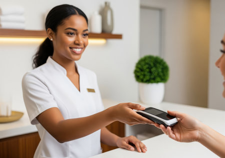 Smiling black spa receptionist handing a payment terminal to a customer at a bright, modern reception desk, symbolizing excellent service and seamless transaction.の素材