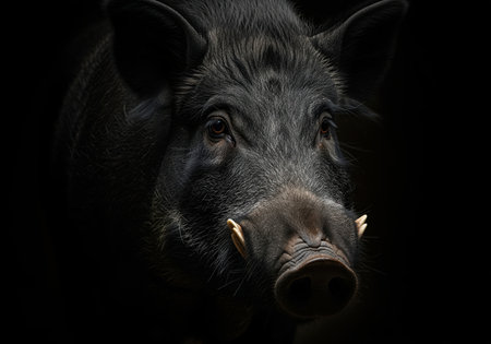 Powerful black wild boar head captured in a dramatic, high contrast, low key studio portrait. focus on the intense gaze, dark fur, and sharp white tusks. represents wildlife, strength, and aggression.の素材