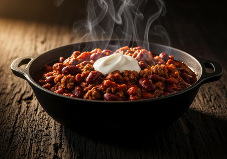 Hot steaming chili con carne featuring ground beef, kidney beans, and tomato sauce, topped with sour cream, served in a black cast iron bowl on a rustic wooden surface. comfort food concept.の素材